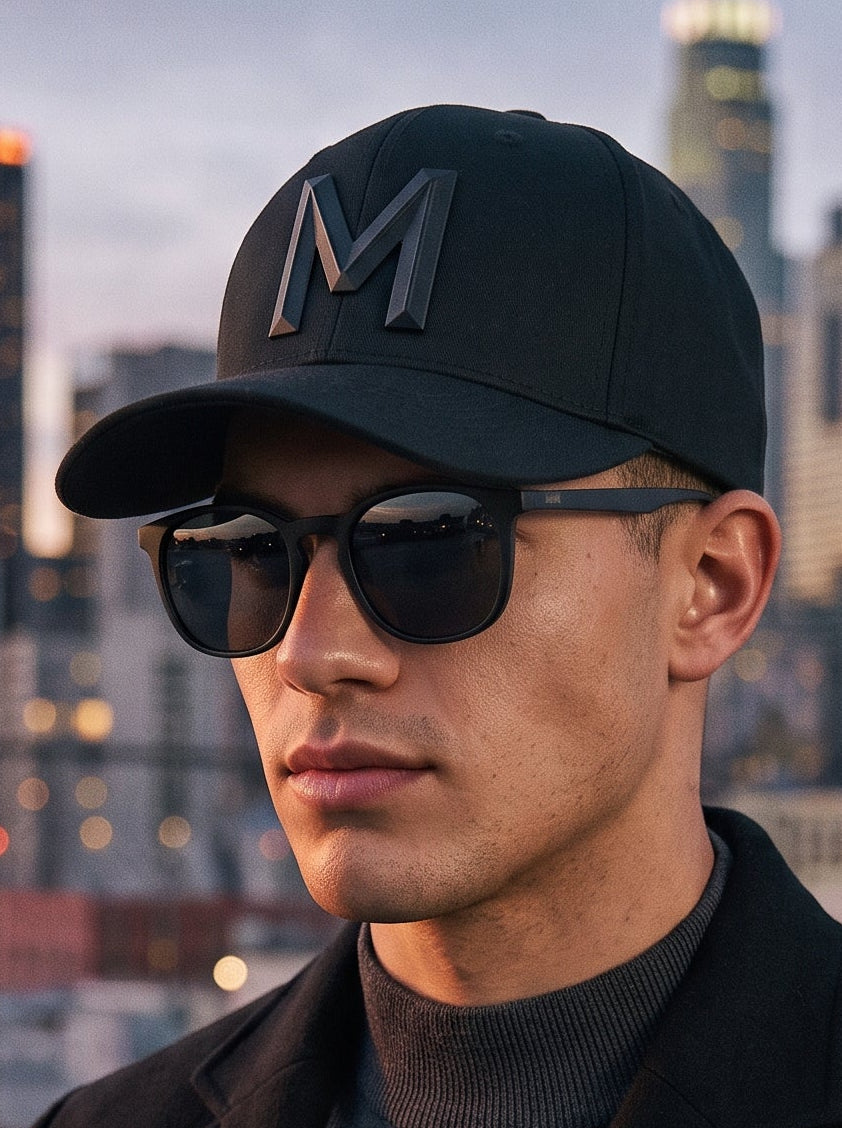 A man wearing a black baseball cap with a large metallic 'M' logo and black sunglasses, photographed outdoors against a blurred city skyline at dusk.